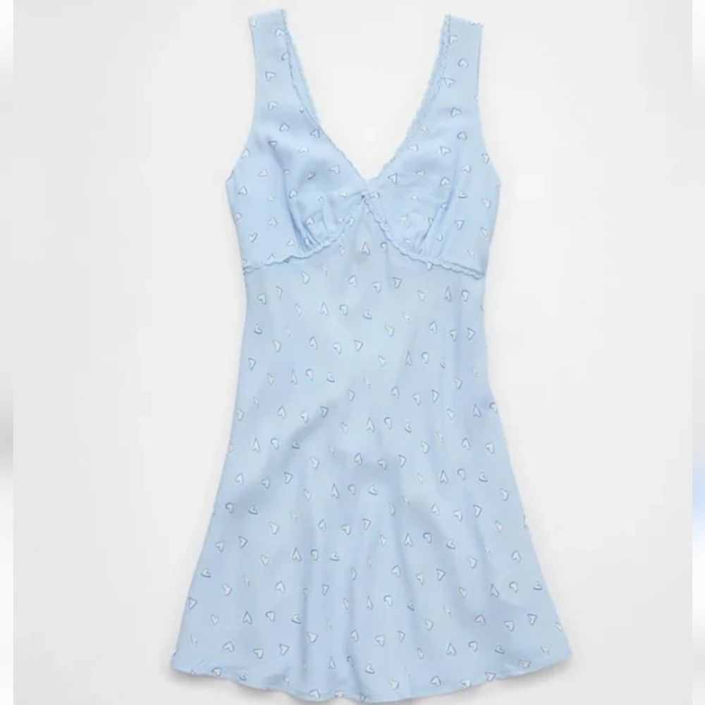 American Eagle V-Neck Mini Slip Dress Light Blue Heart Print Size Xl